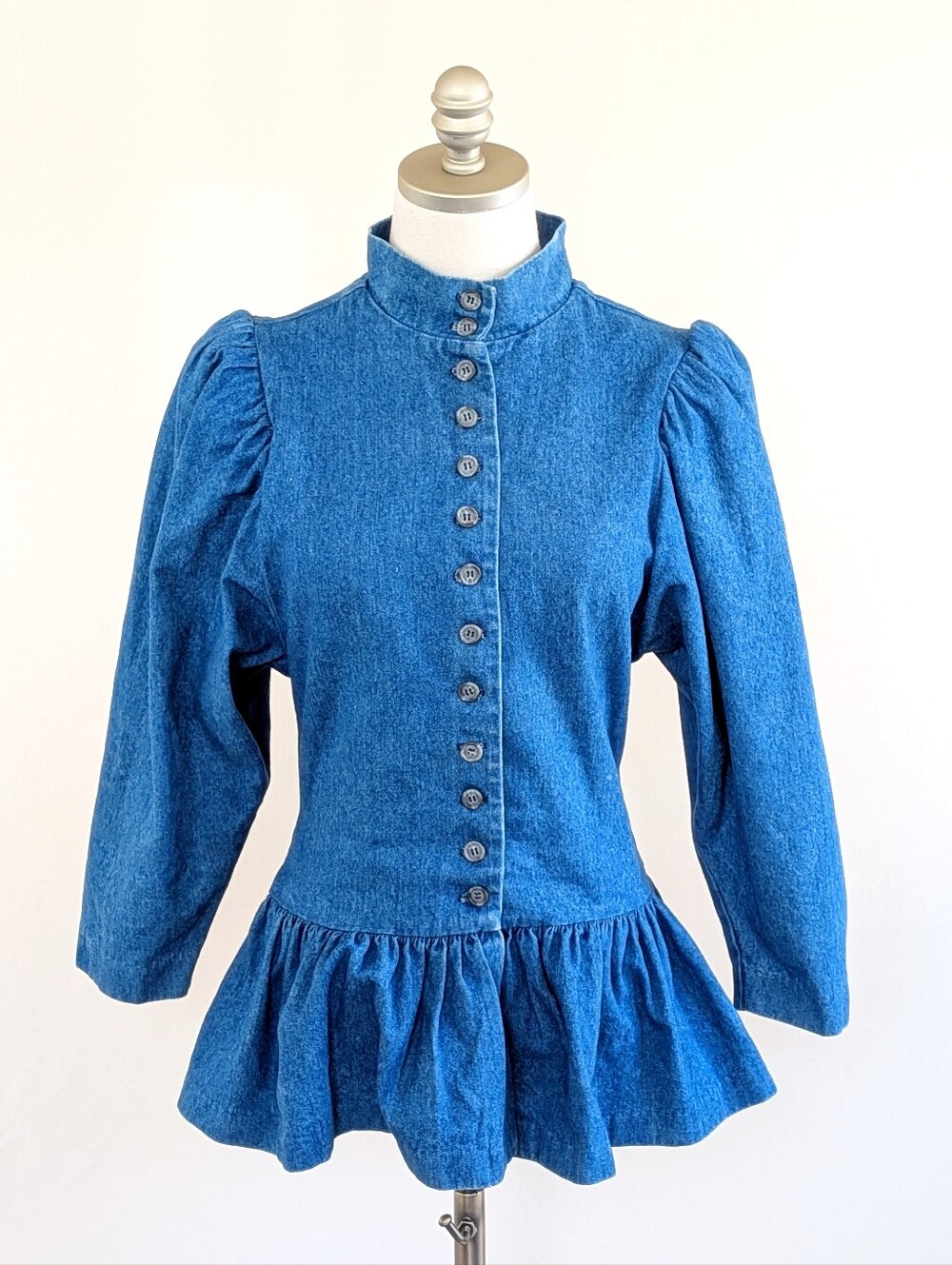 Vintage 90s Cottagecore Denim High Collar, Puff Sleeve, Drop Waist Blouse Size 8
